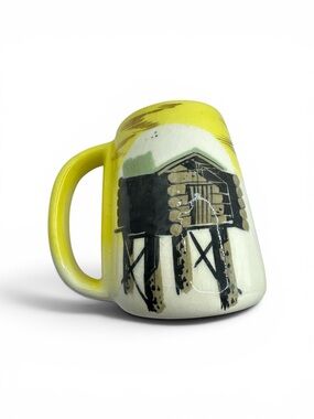 Vintage MCM Matthew Adams Alaskan Pottery Mug Snowy Cabin Yellow White